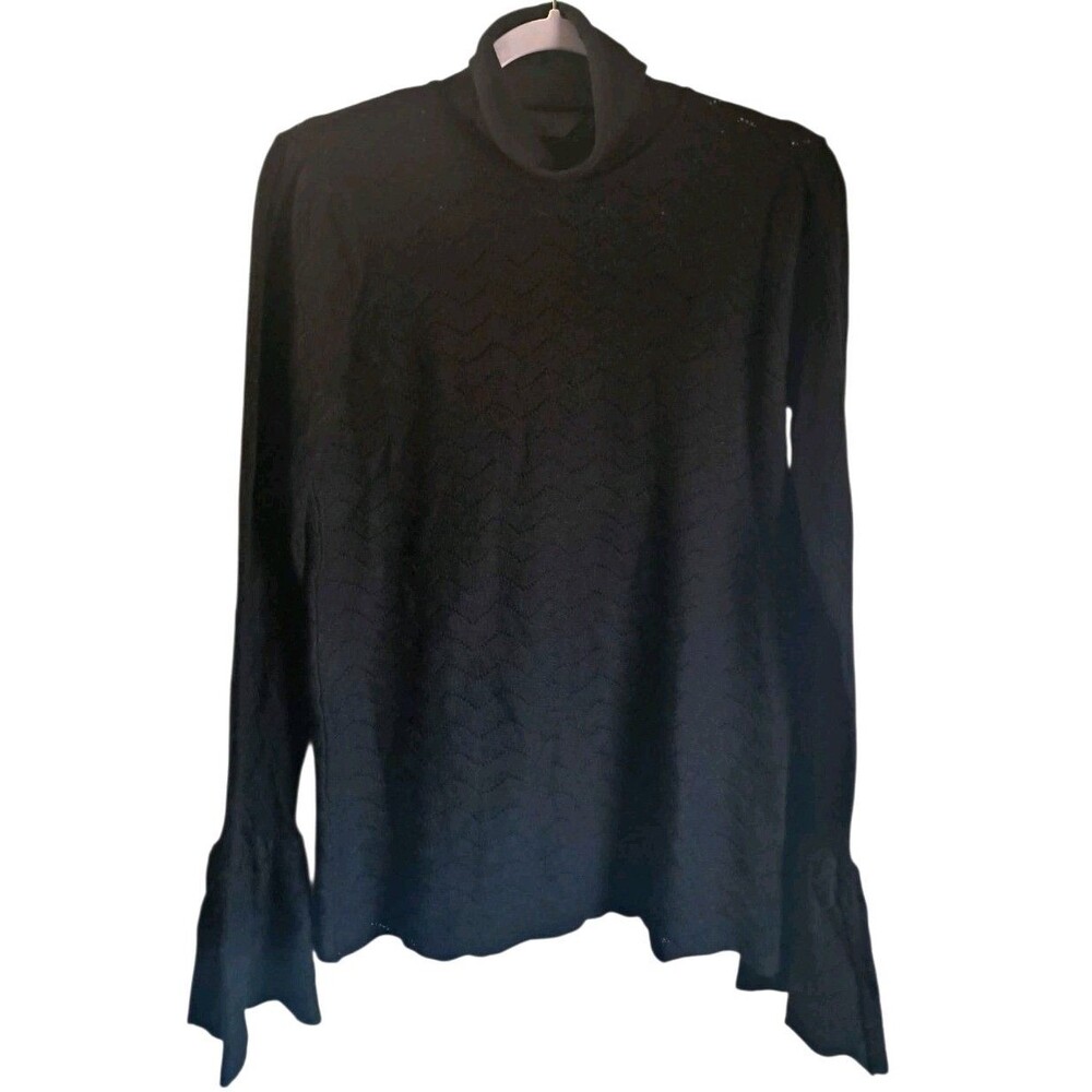 Co  Black Turtleneck Cable Knit Bell Sleeve Pullover Sweater Wool Blend Large